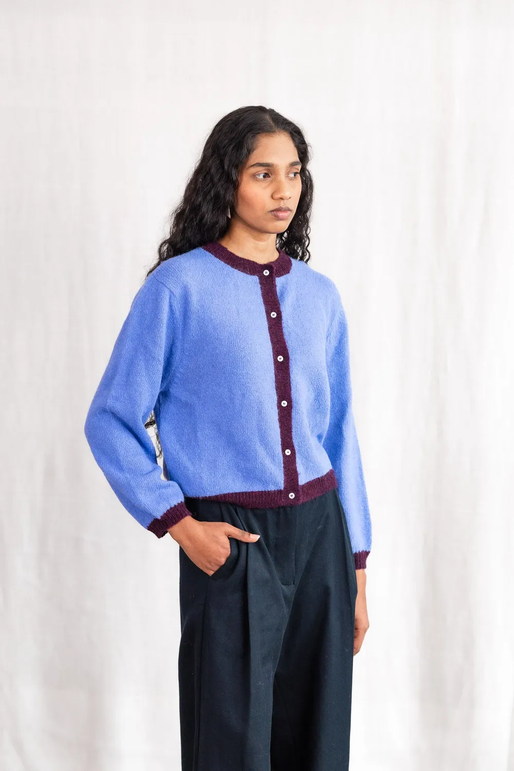Jyoti Sullana cardigan baby alpaca azzurro colorblock