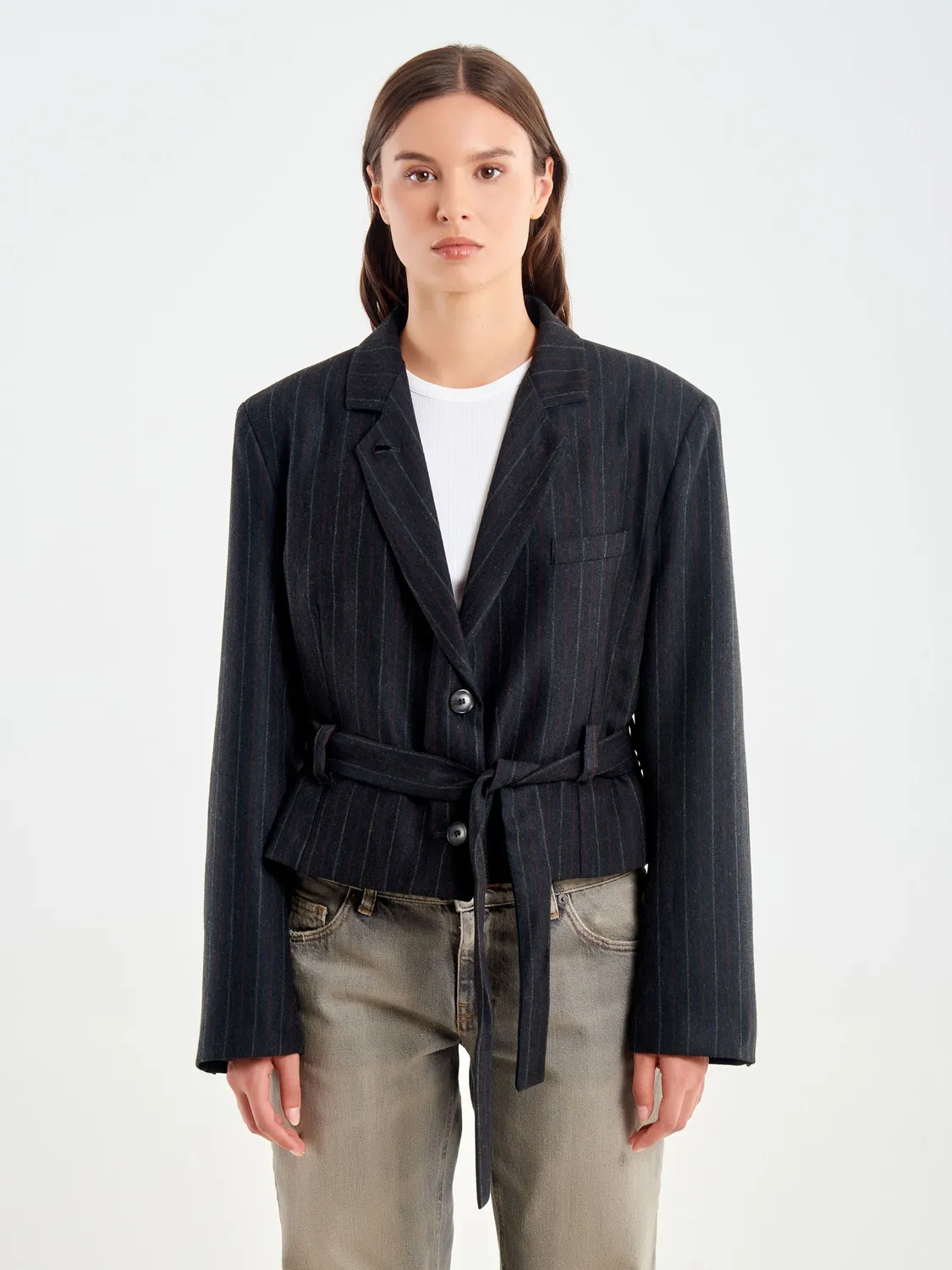 Vicolo Blazer Corto Cintura Blazer Gessato Grigio L