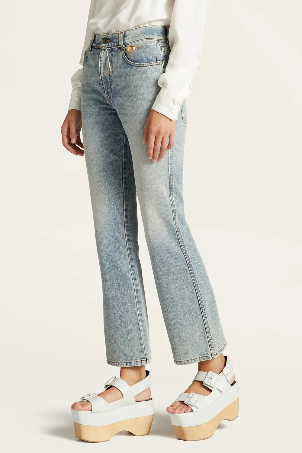 PORTS Washed Denim Flare jeans indaco zampa cropped
