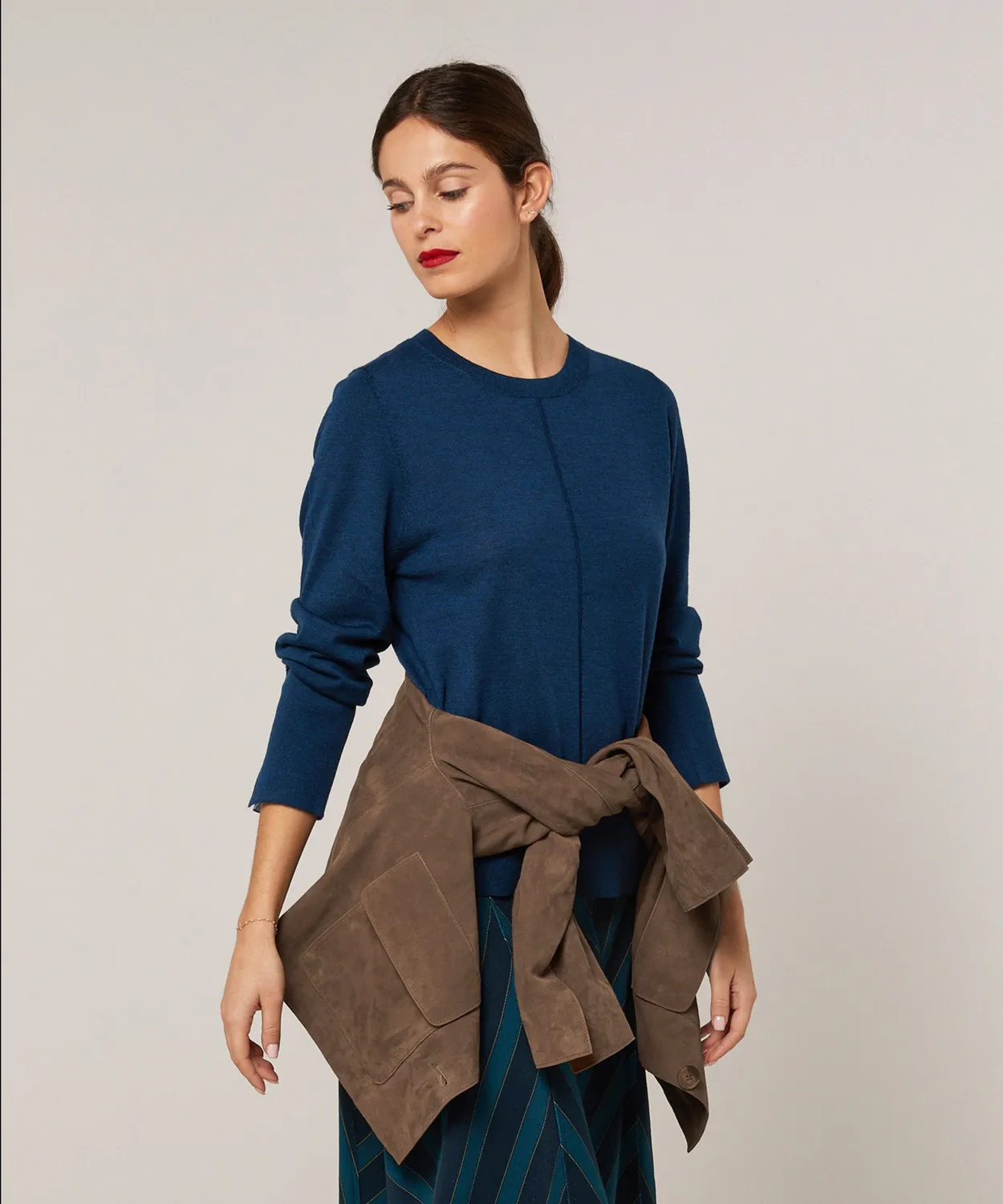 Rodier Maglione Girocollo Lana Merino Blu Petrolio