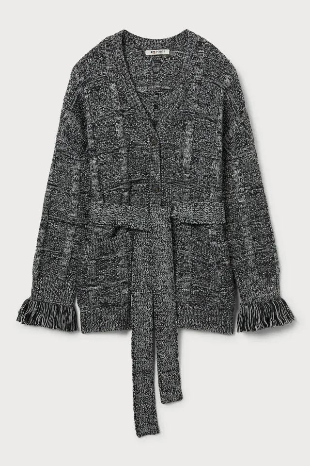 PORTS Check-Knit cardigan lana grigio cintura