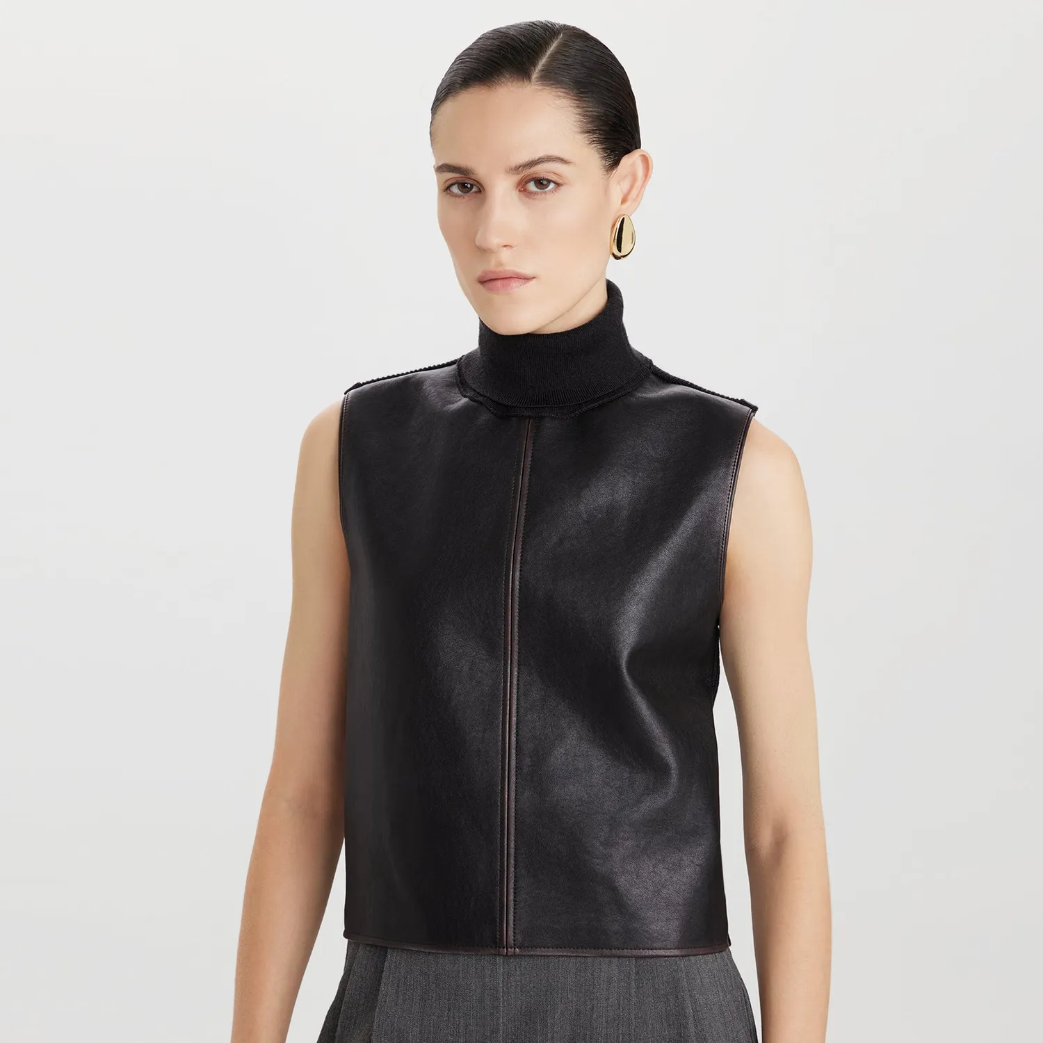 PORTS Leather Roll-Neck top pelle marrone 36