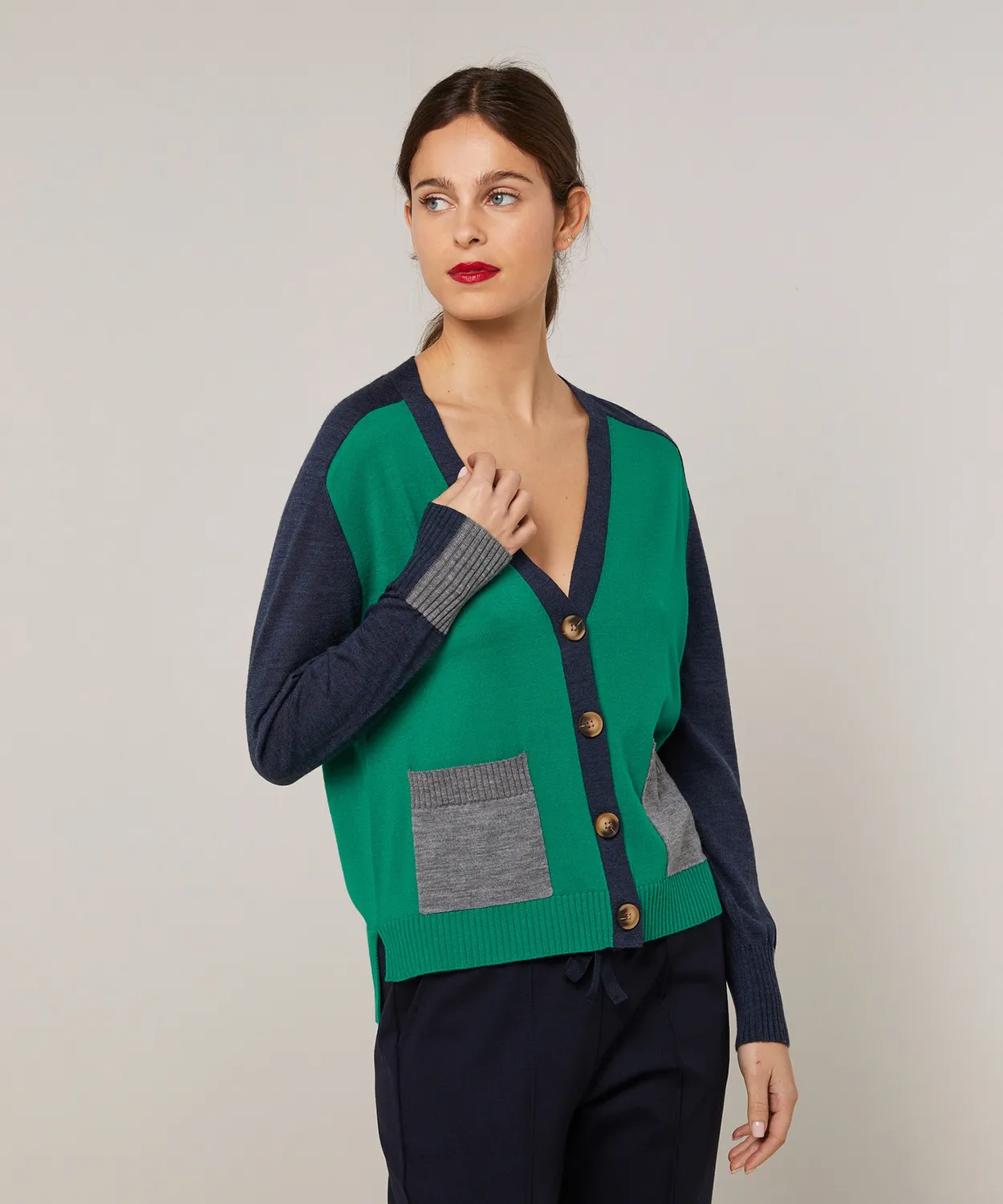 Rodier Gilet Tricolore Lana Merino Verde Smeraldo