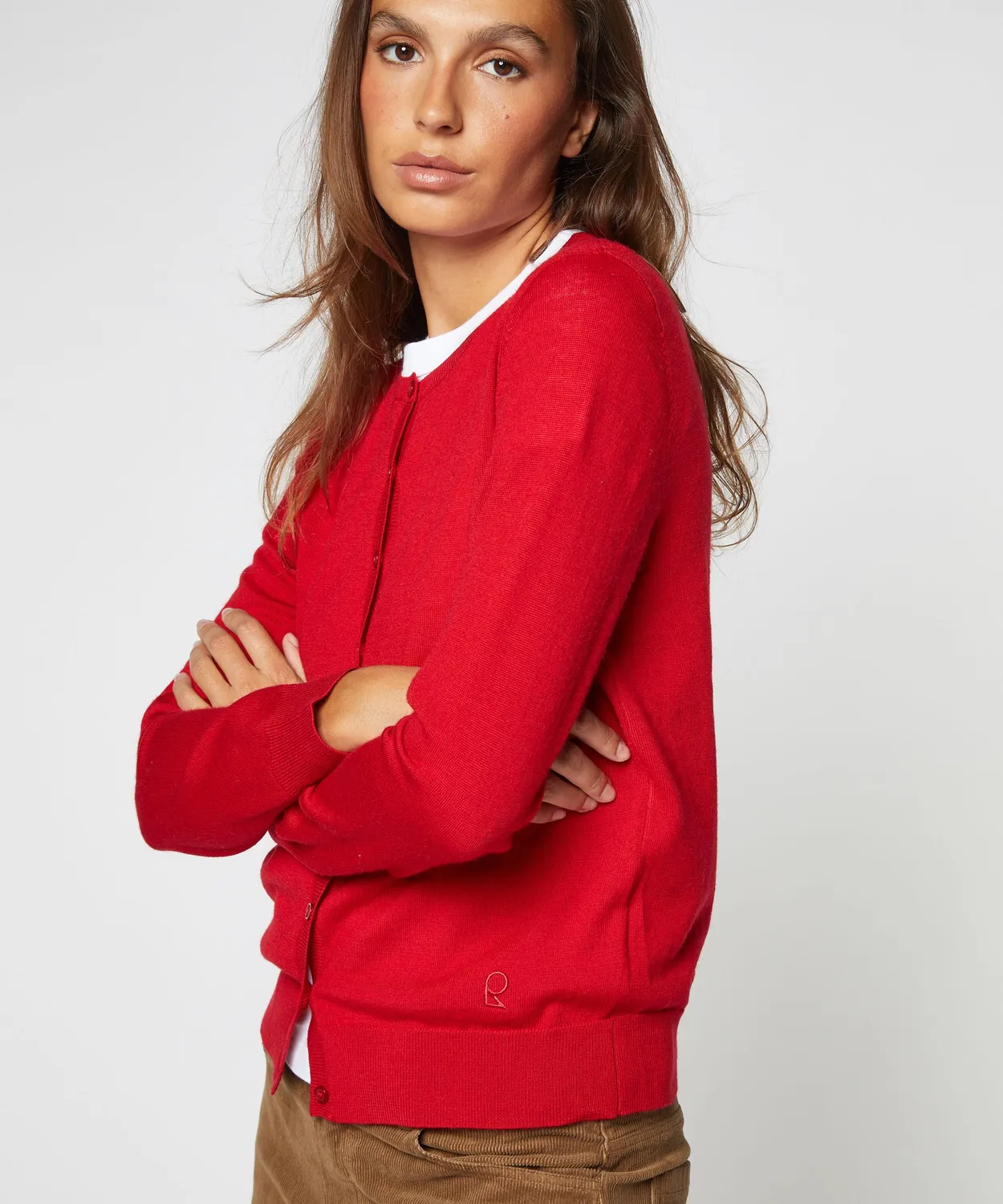 Rodier Cardigan lana merino rosso girocollo maglia fine