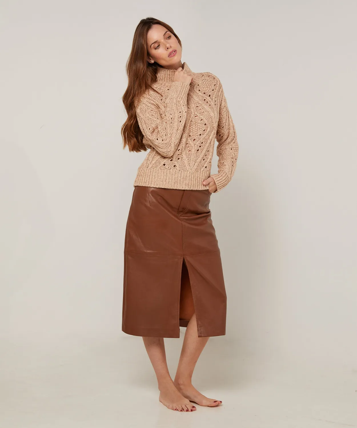 Rodier Maglia Collo Alto Traforato Cotone Lana Beige Ficelle
