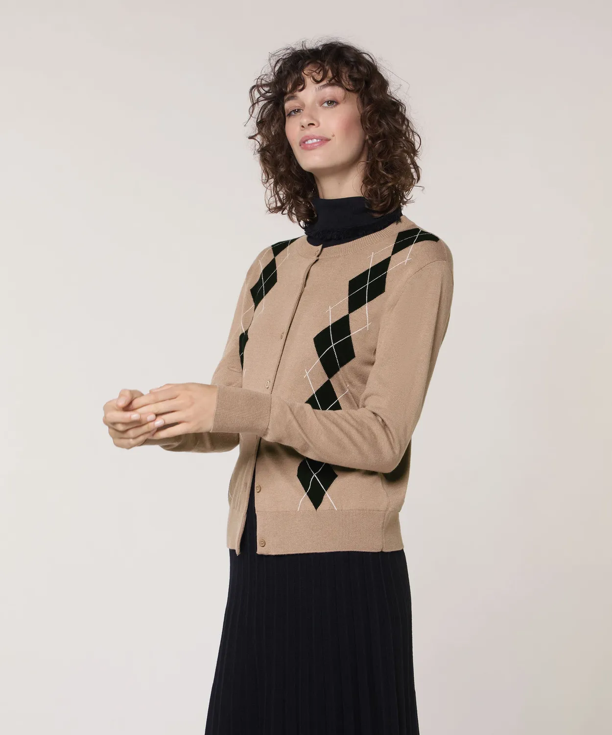 Rodier cardigan jacquard rombi maglia fine marrone moka