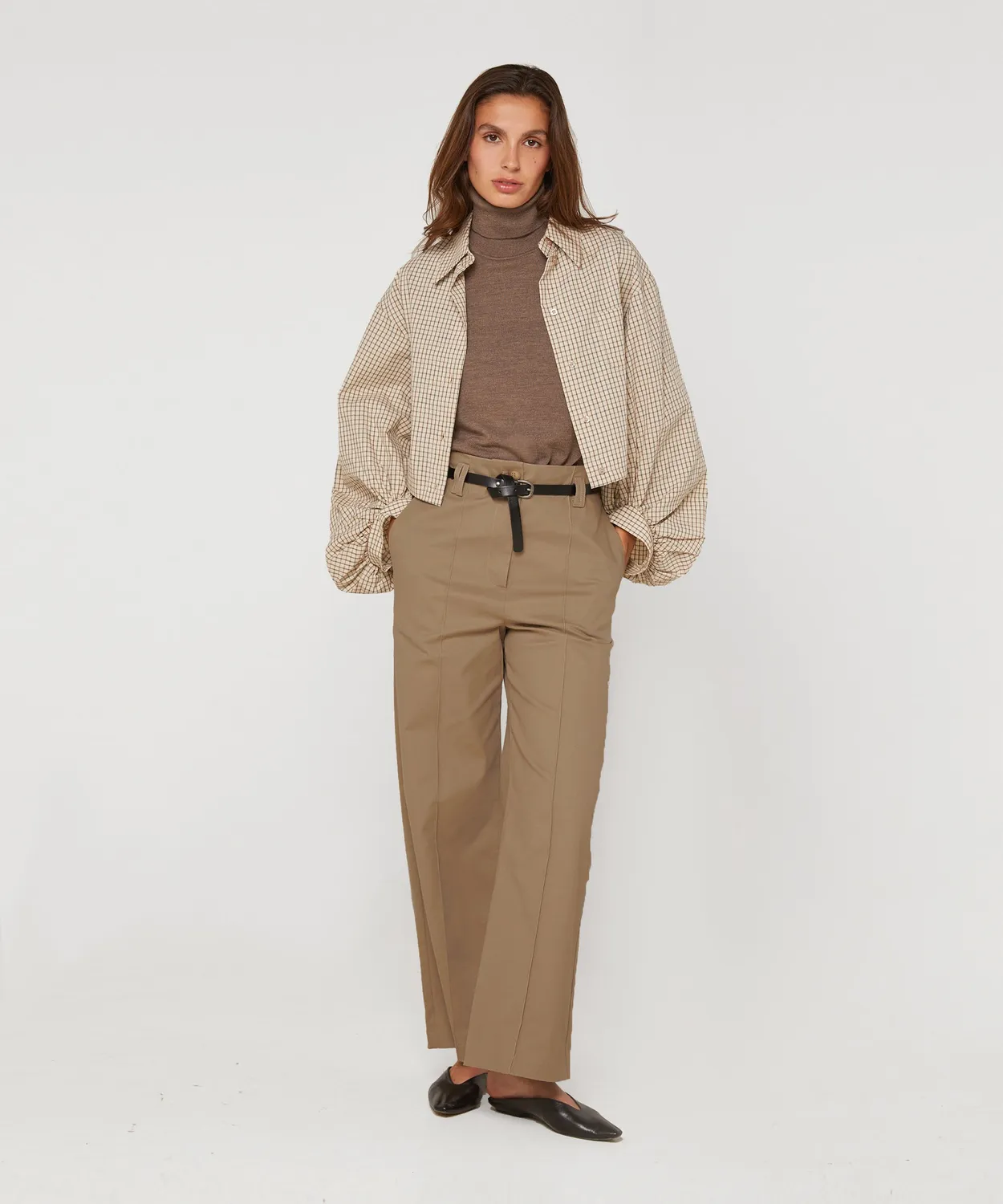 Rodier camicia corta quadri beige maniche sbuffo