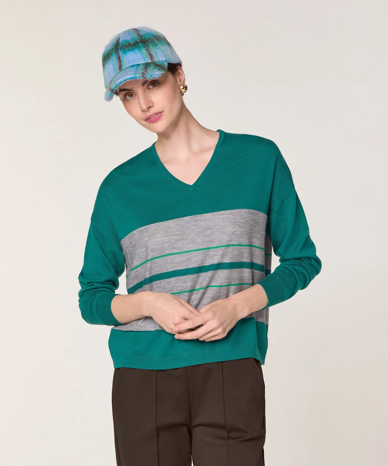 Rodier Maglione Scollo V Righe lana merino verde anatra