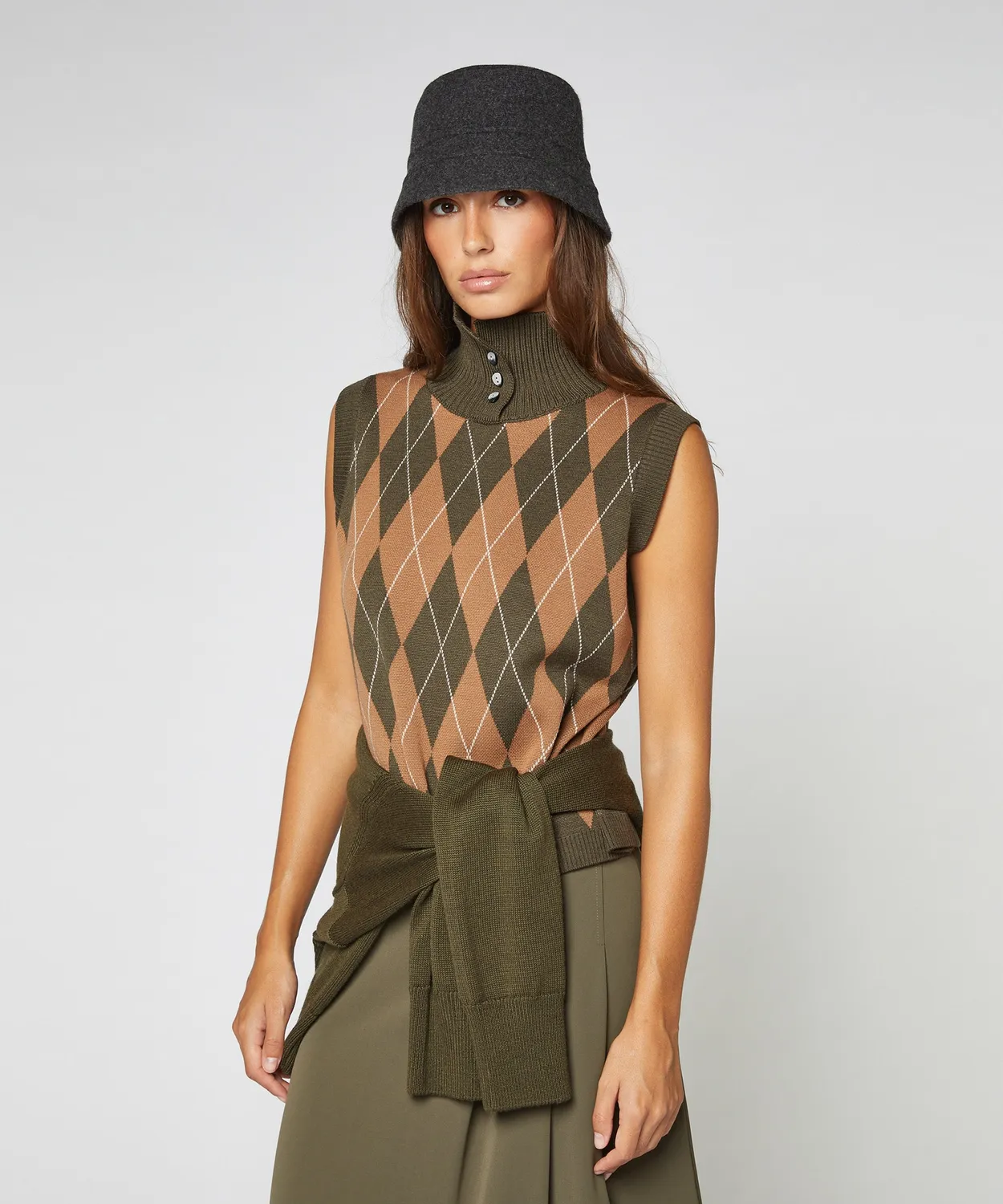 Rodier maglia jacquard senza maniche gilet kaki