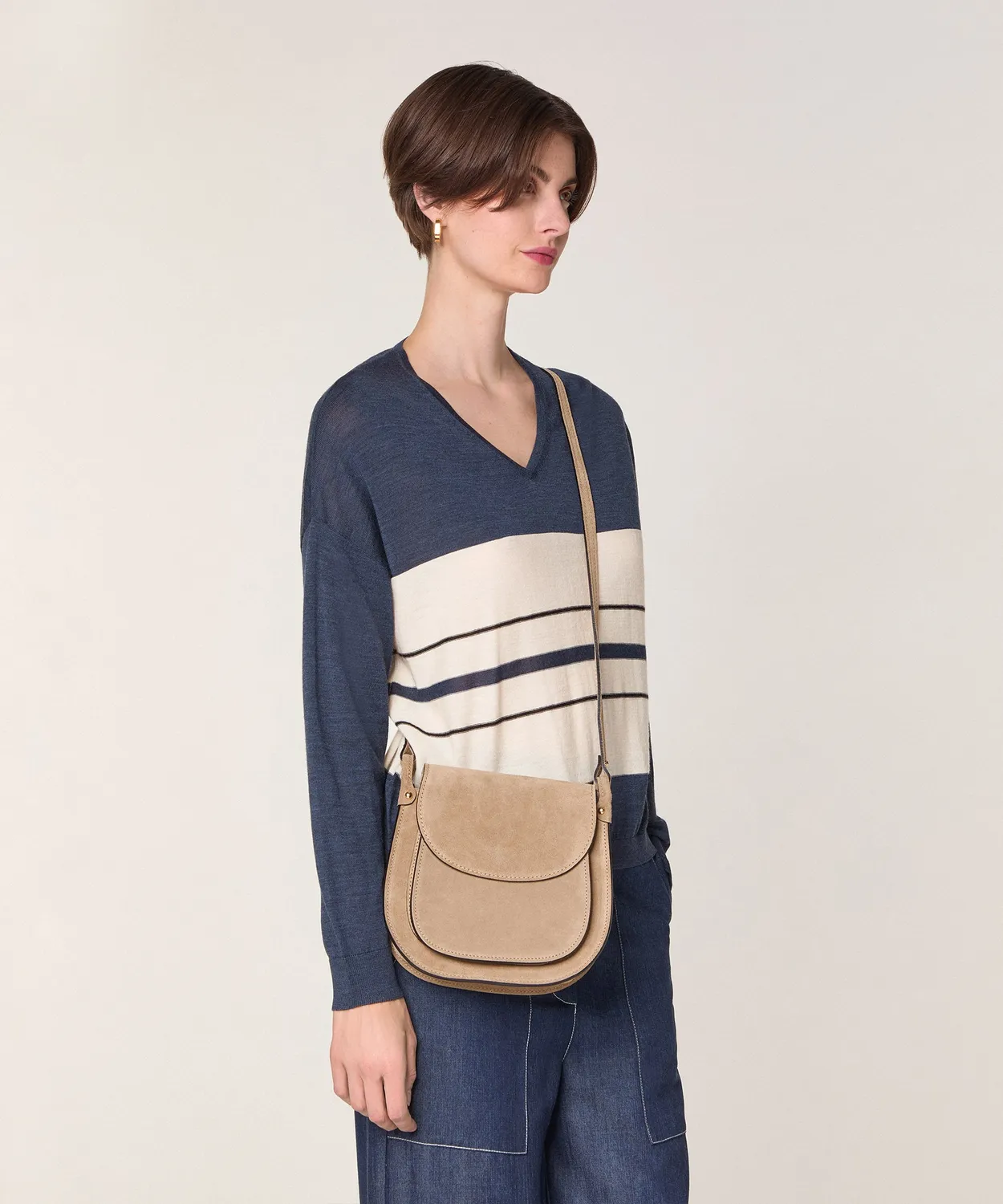 Rodier Maglia Scollo a V Righe Merino Donna Denim Blue