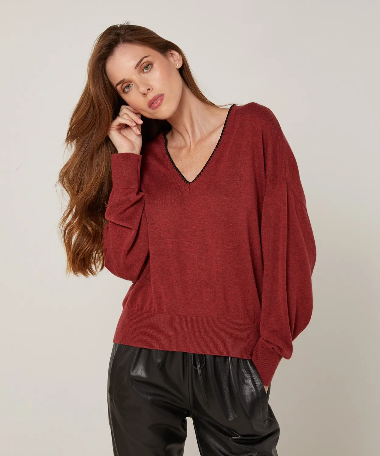 Rodier Maglione Scollo a V Maglia Fine Brique Ampio
