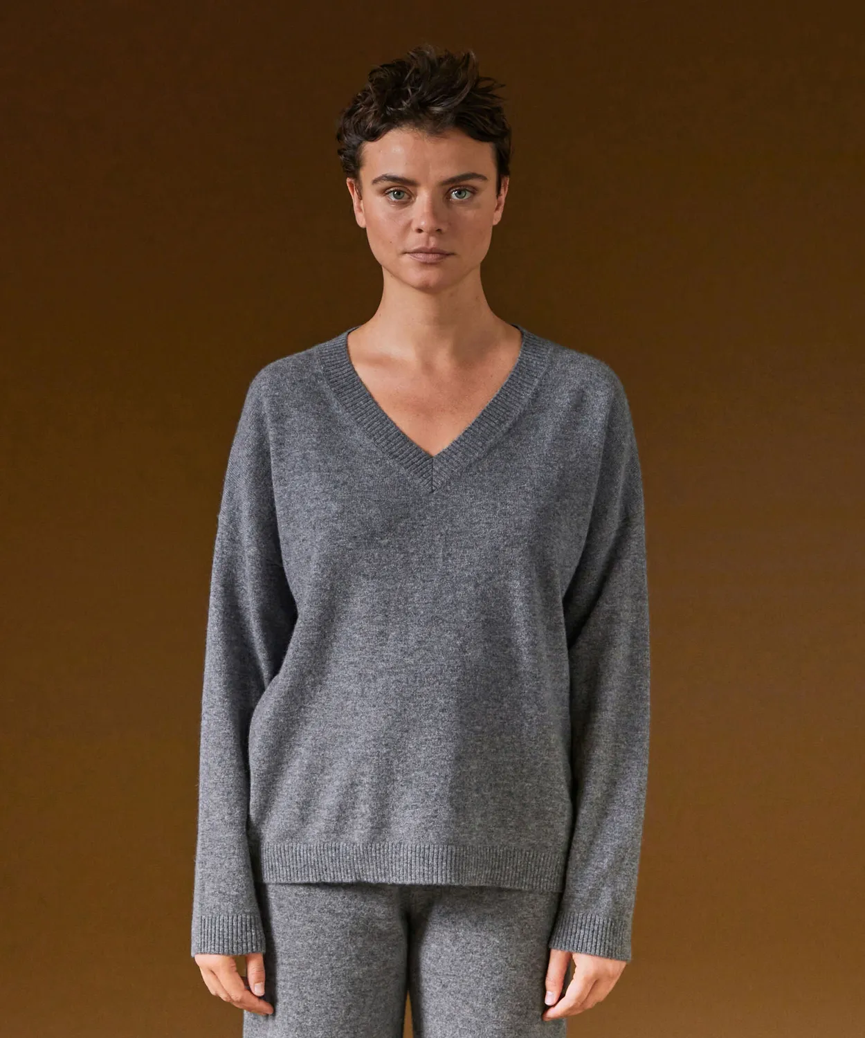 Rodier Maglione oversize scollo V cashmere grigio medio M