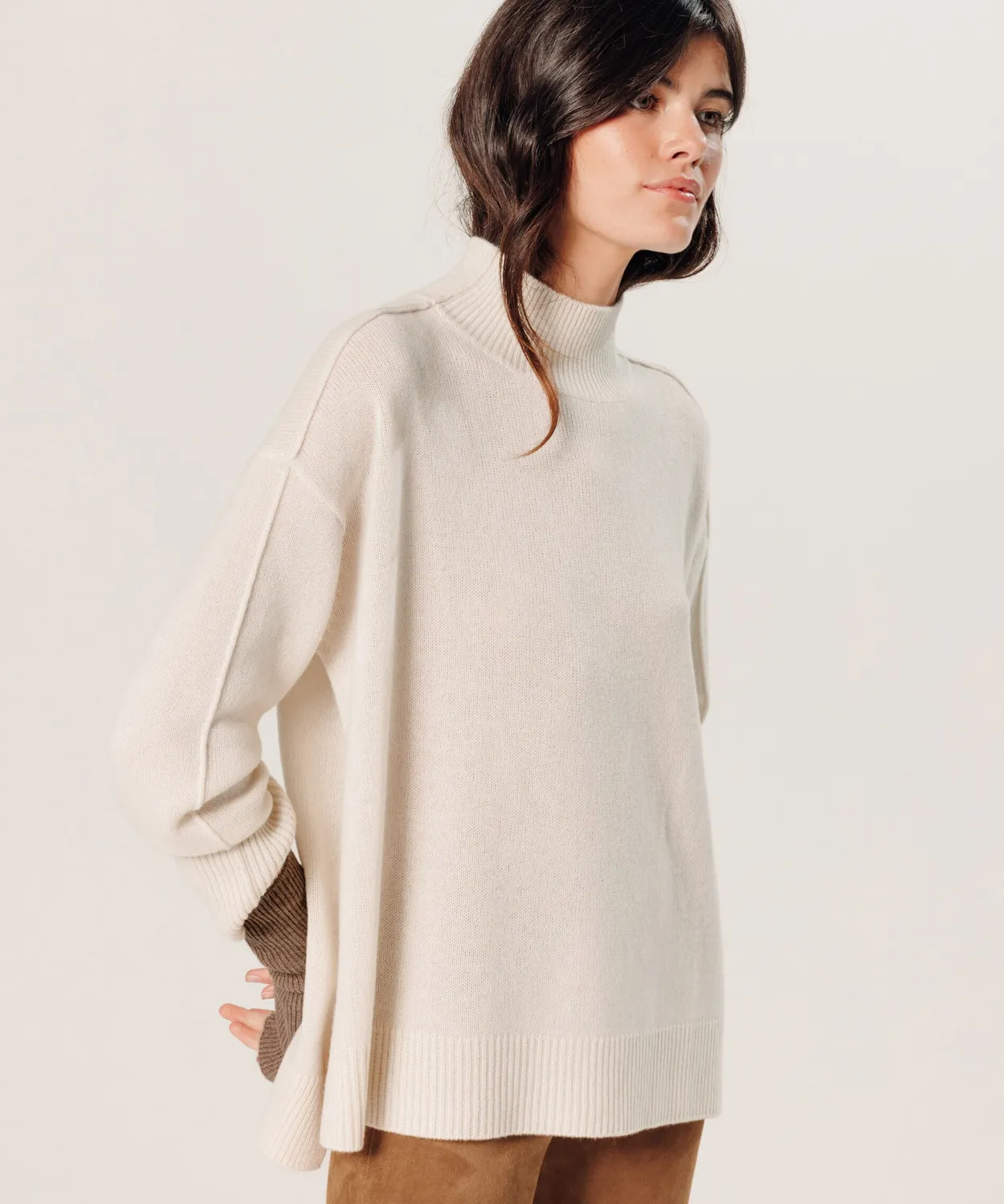Rodier Maglione Oversize Collo Alto Bianco Ecru Cashmere