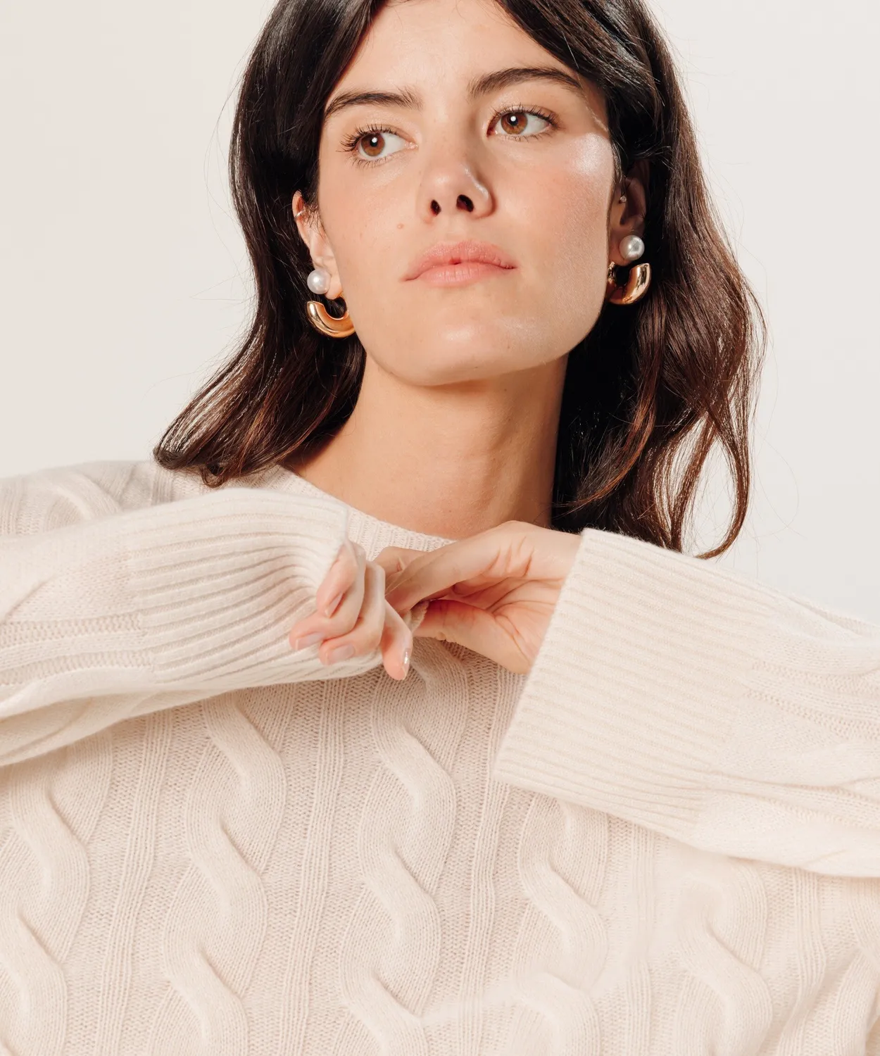 Rodier maglione corto cashmere trecce donna bianco ecru