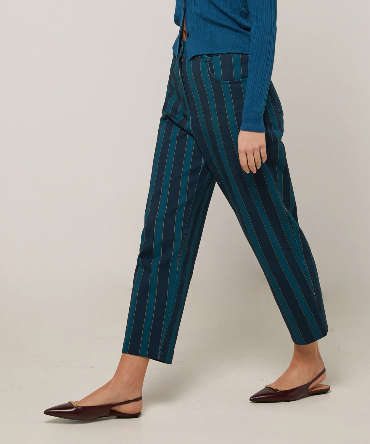Rodier pantaloni dritti tela stampata blu righe cotone