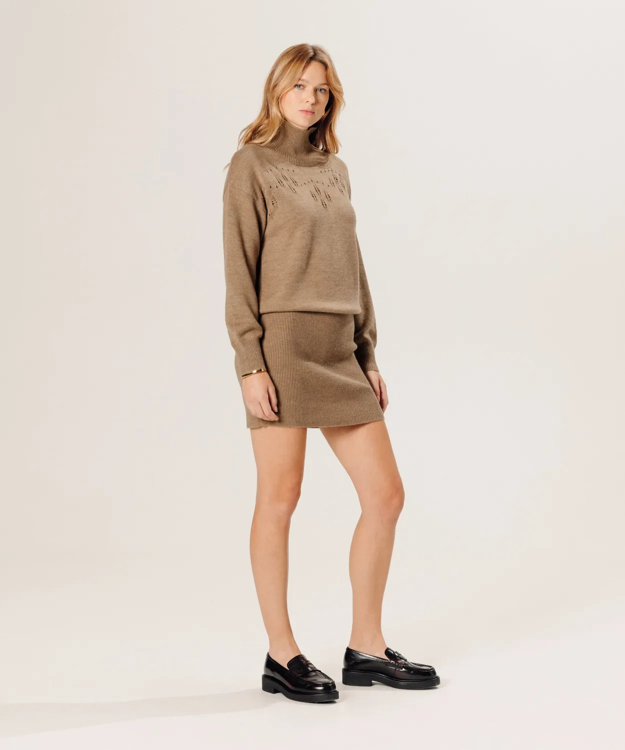 Rodier abito corto lana merino traforato beige