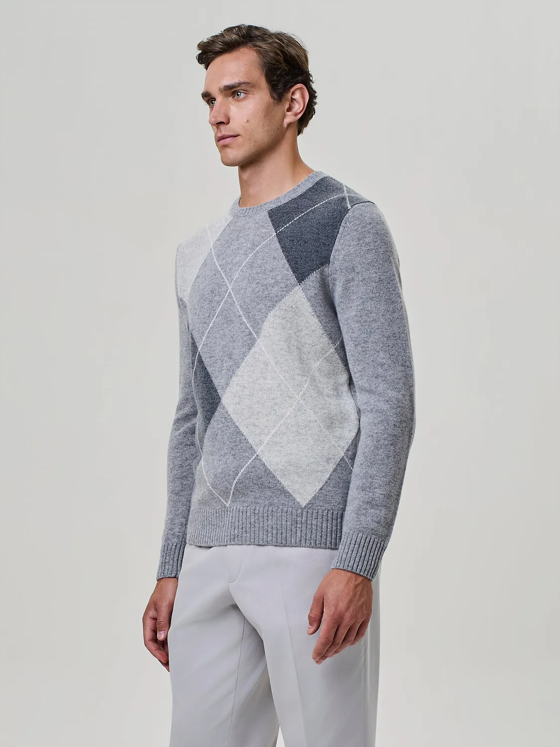 Paul Taylor Girocollo Misto Cashmere Rombi Maglia Grigio Medio
