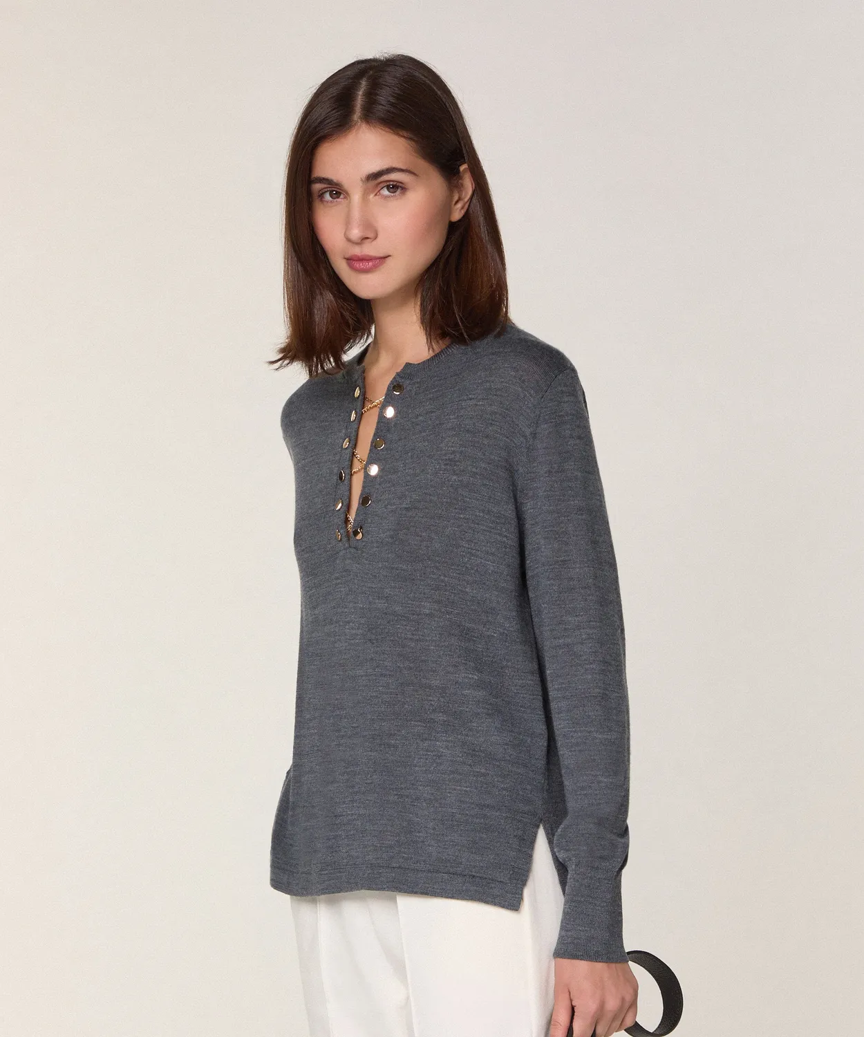 Rodier maglione collo tunisino lana merino grigio scuro