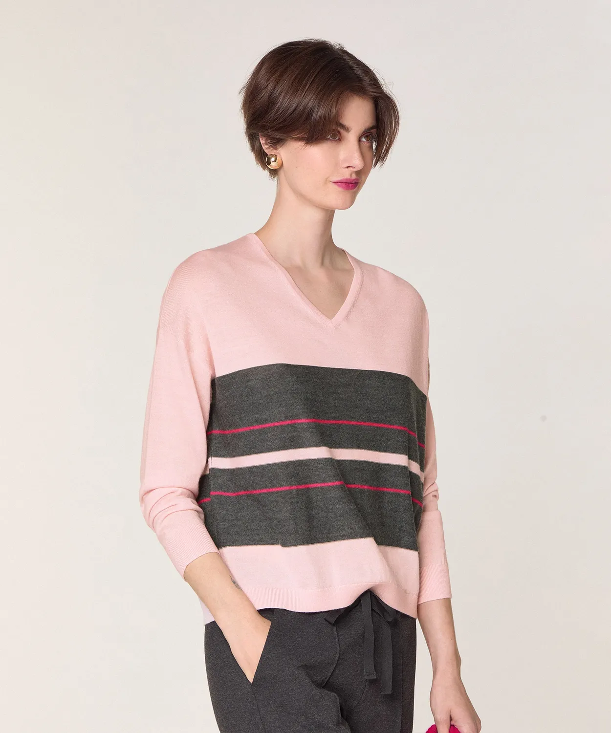Rodier maglione scollo V righe merino rosa perla