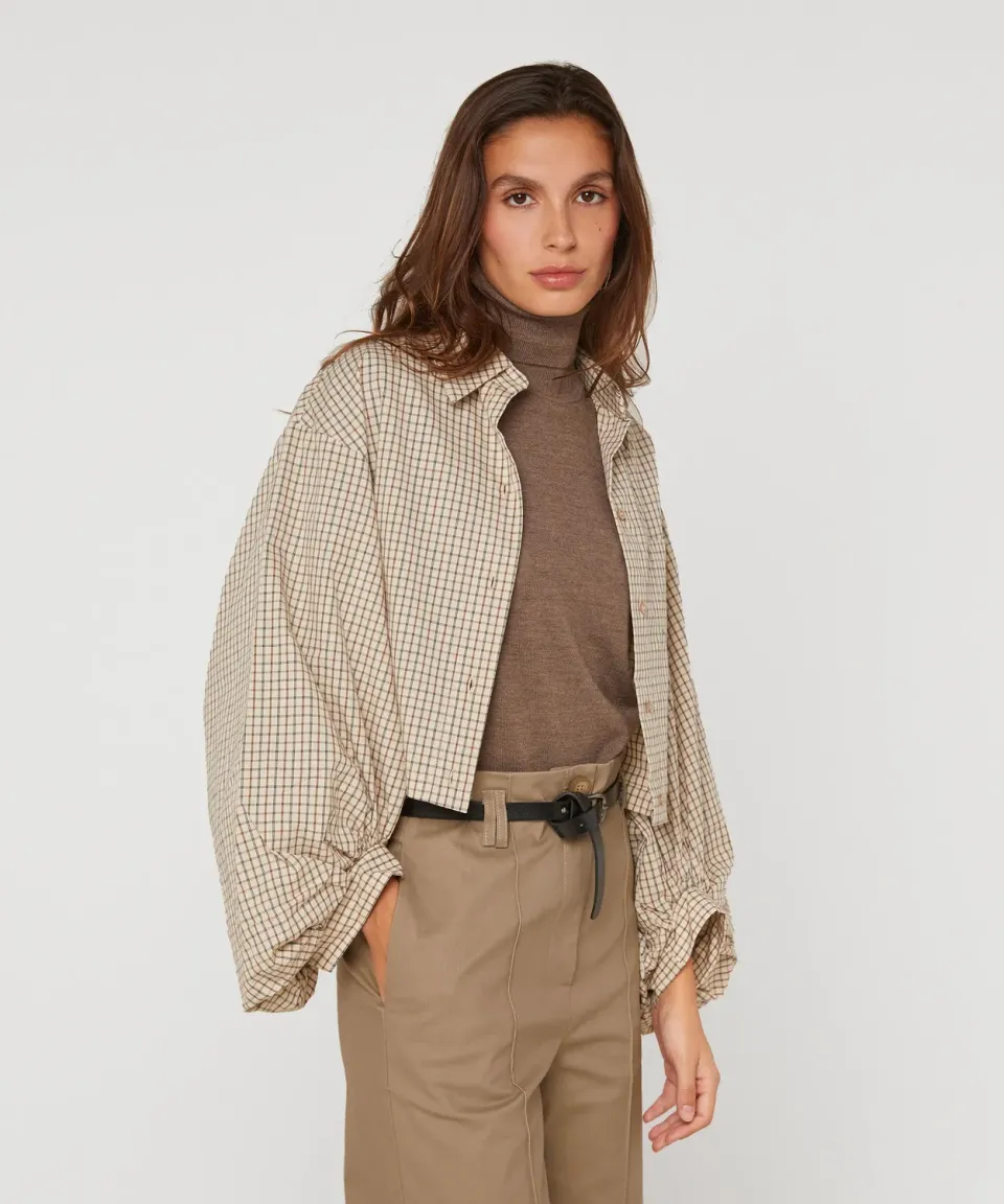 Rodier camicia corta quadri beige maniche sbuffo