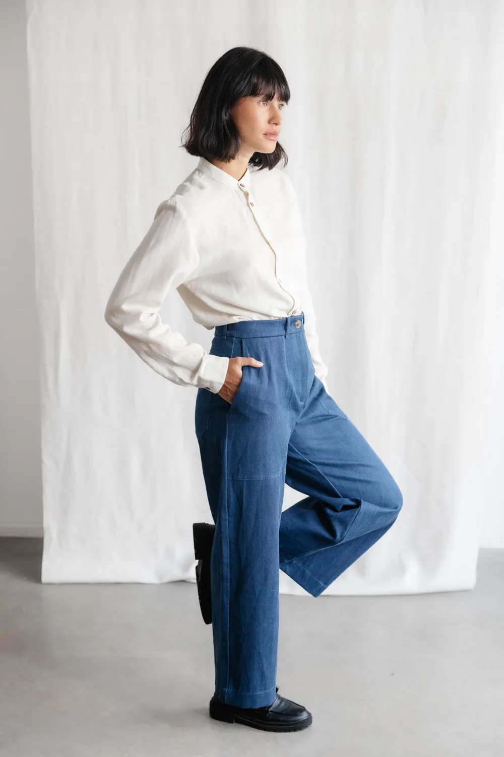Jyoti Fair Works Damini pantaloni denim cotone gamba larga
