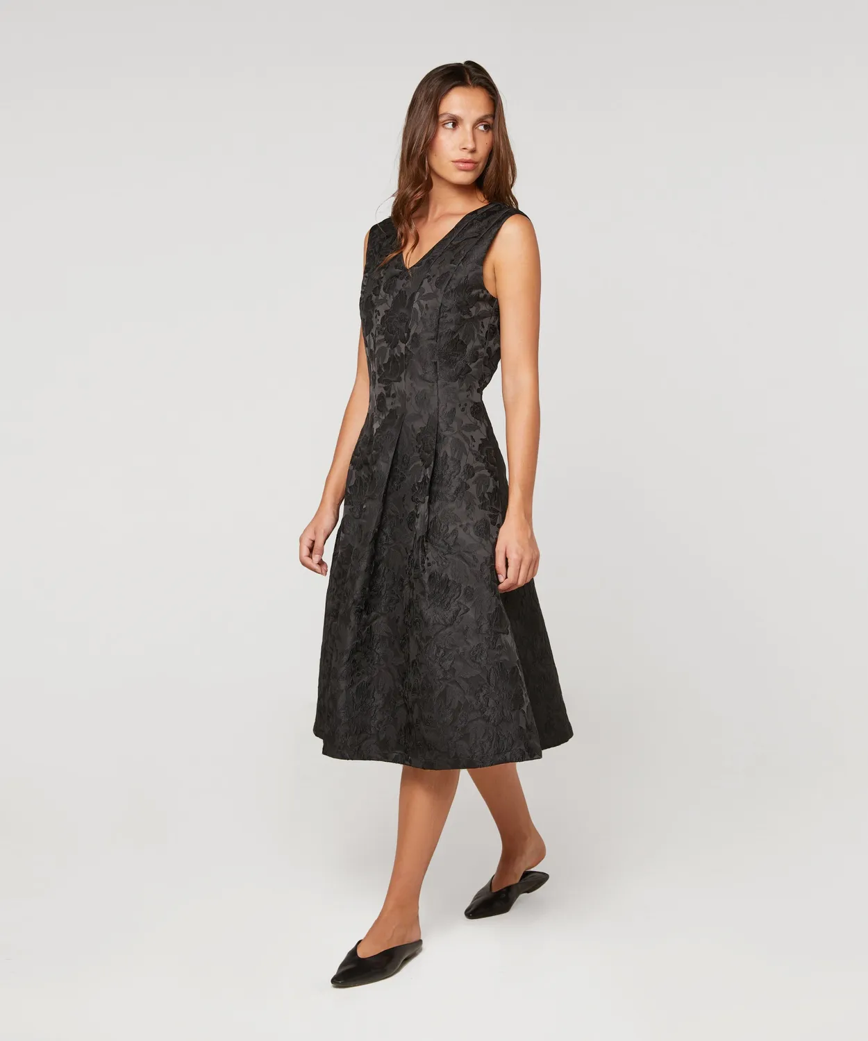 Rodier abito svasato broccato nero floreale