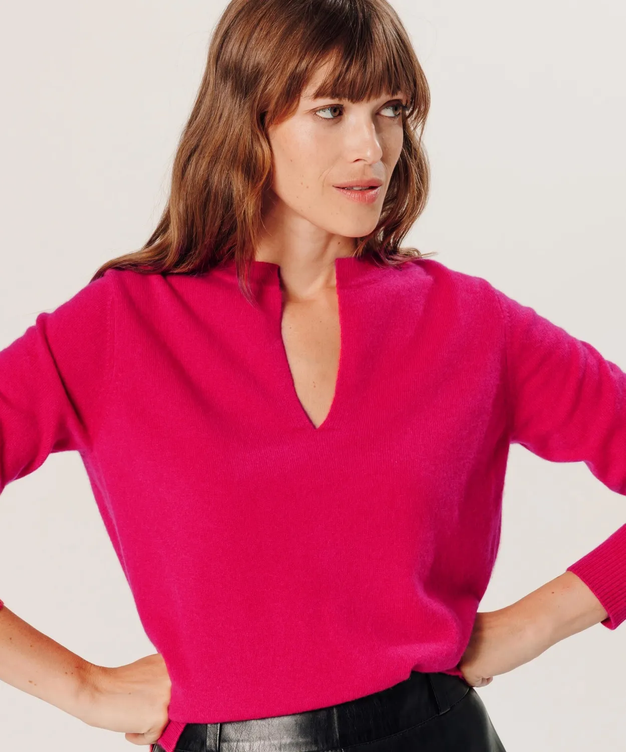 Rodier Maglia cashmere collo tunisino rosa geranio