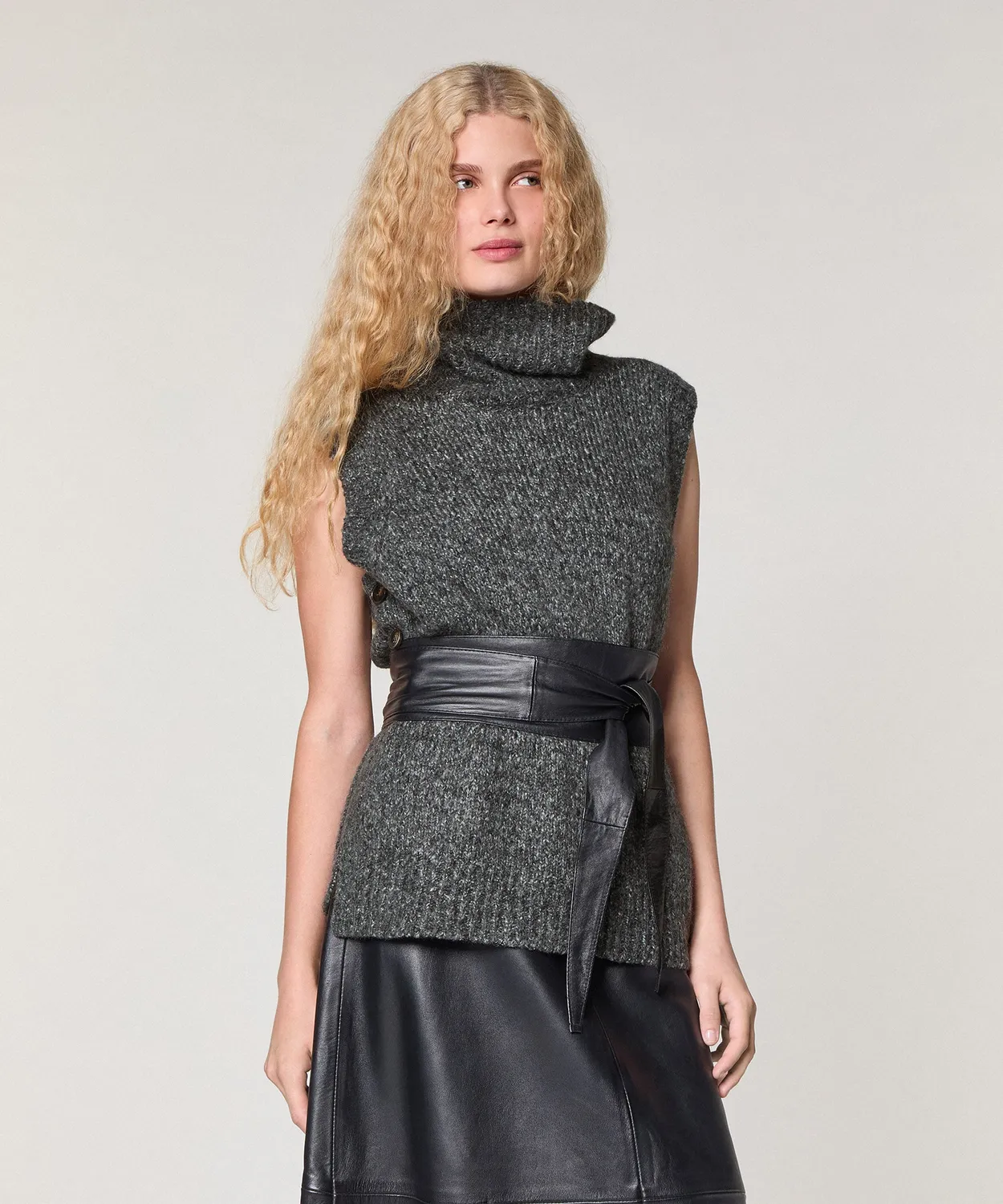 Rodier maglione smanicato maglia grossa grigio chiné