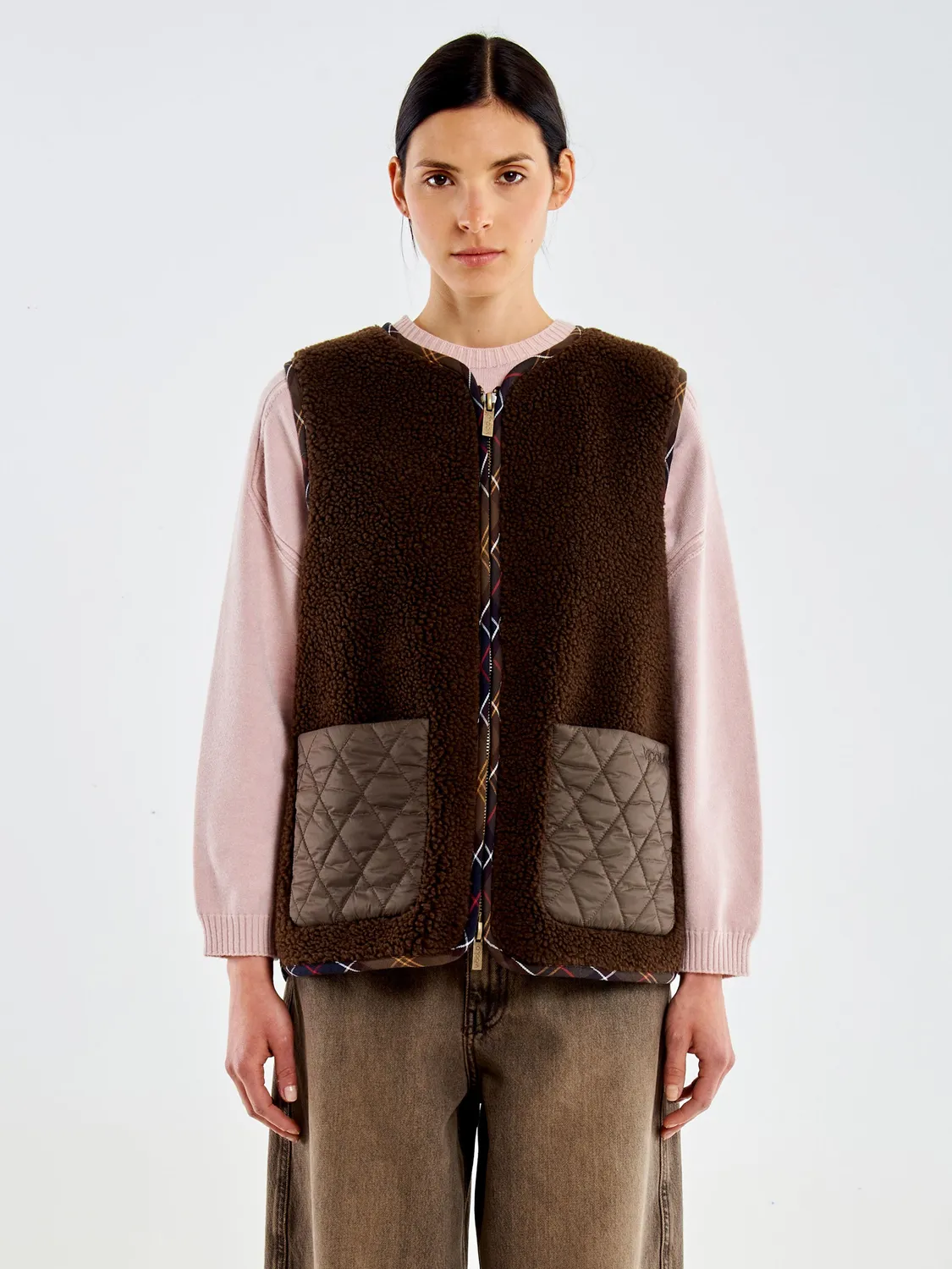 Vicolo Gilet Teddy Fondente Check Senza Maniche Taglia S