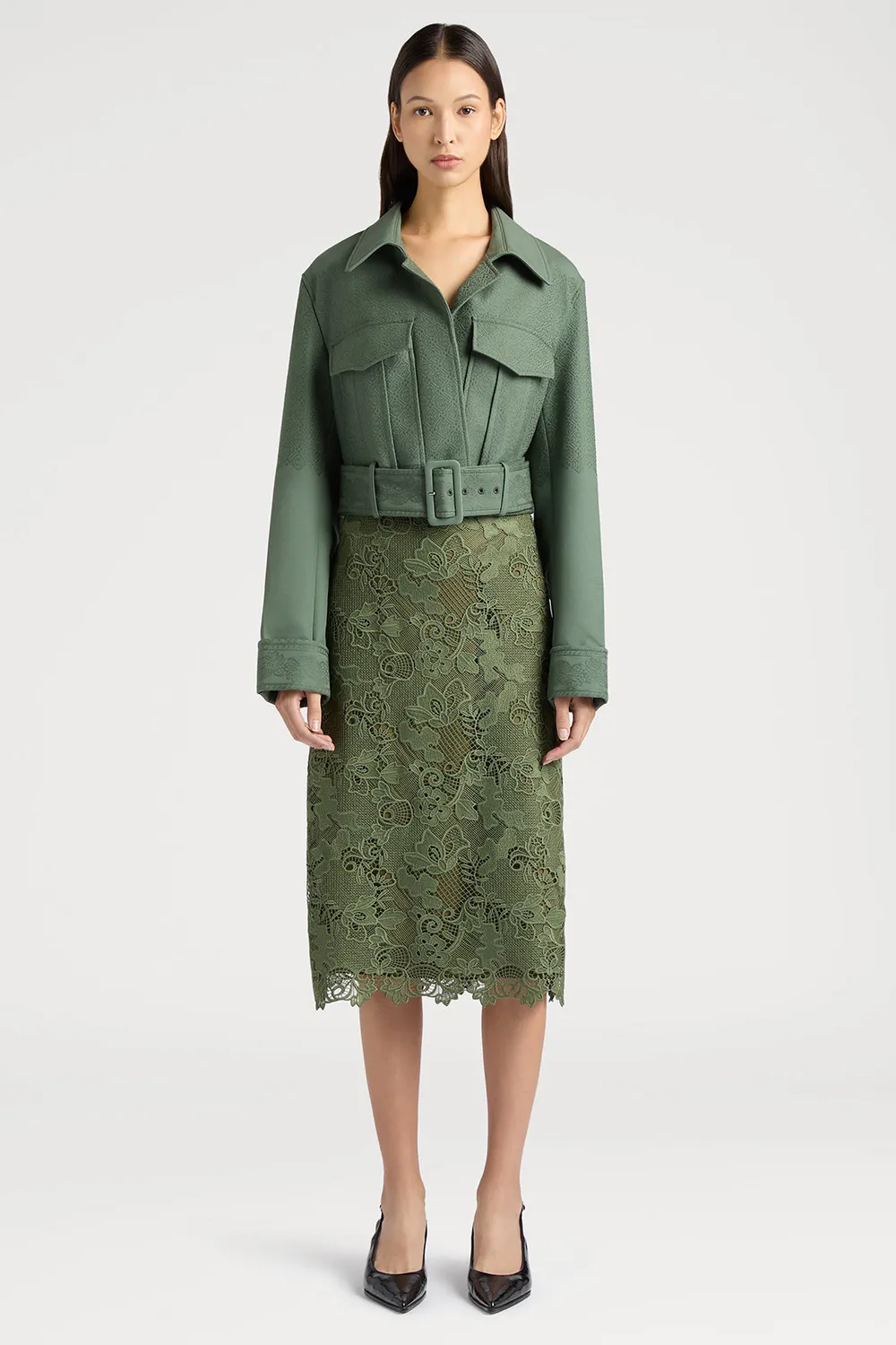 PORTS 1961 Venetian Plaster Pencil Skirt gonna verde pizzo