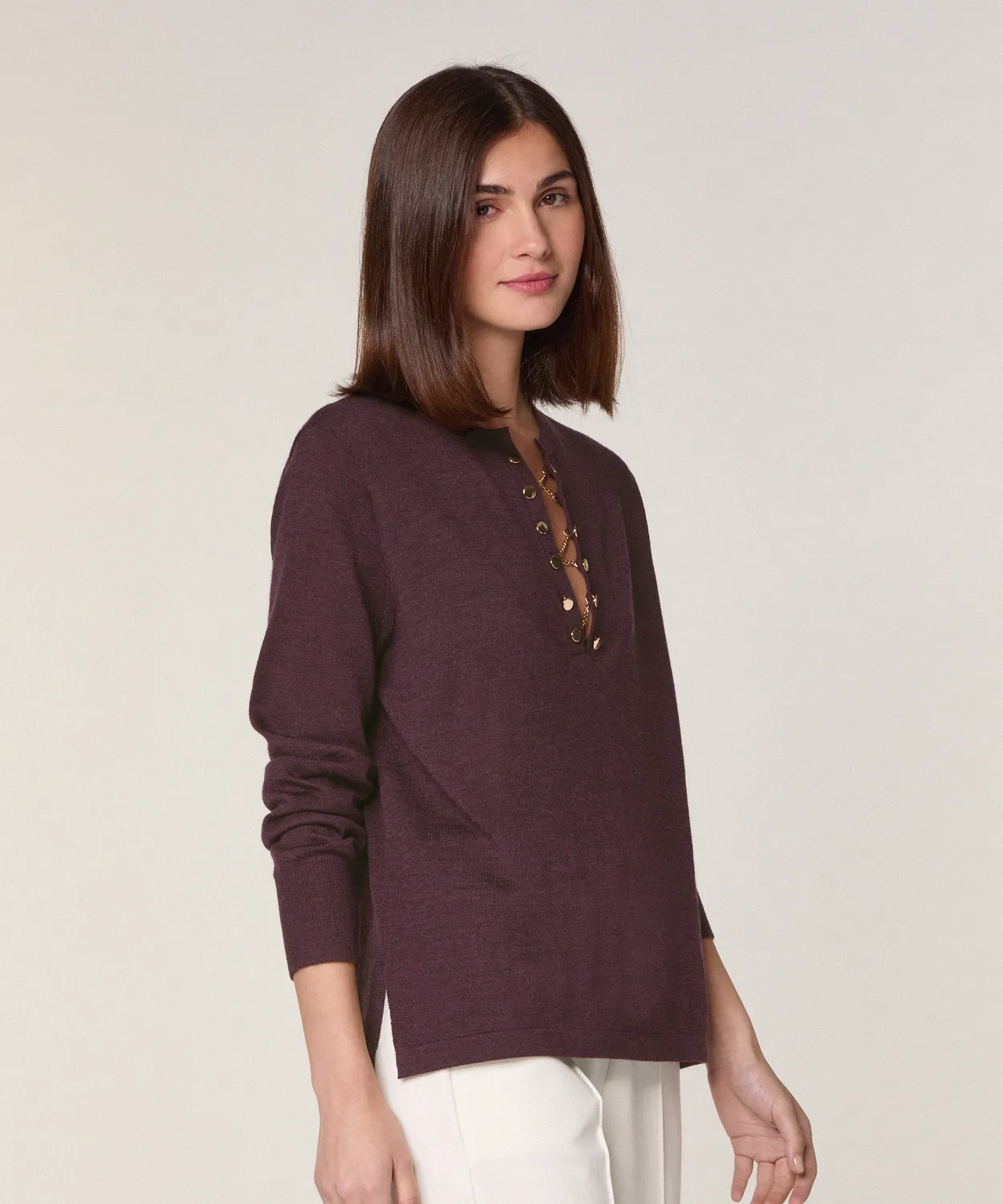 Rodier maglione collo tunisino lana merino marrone scuro