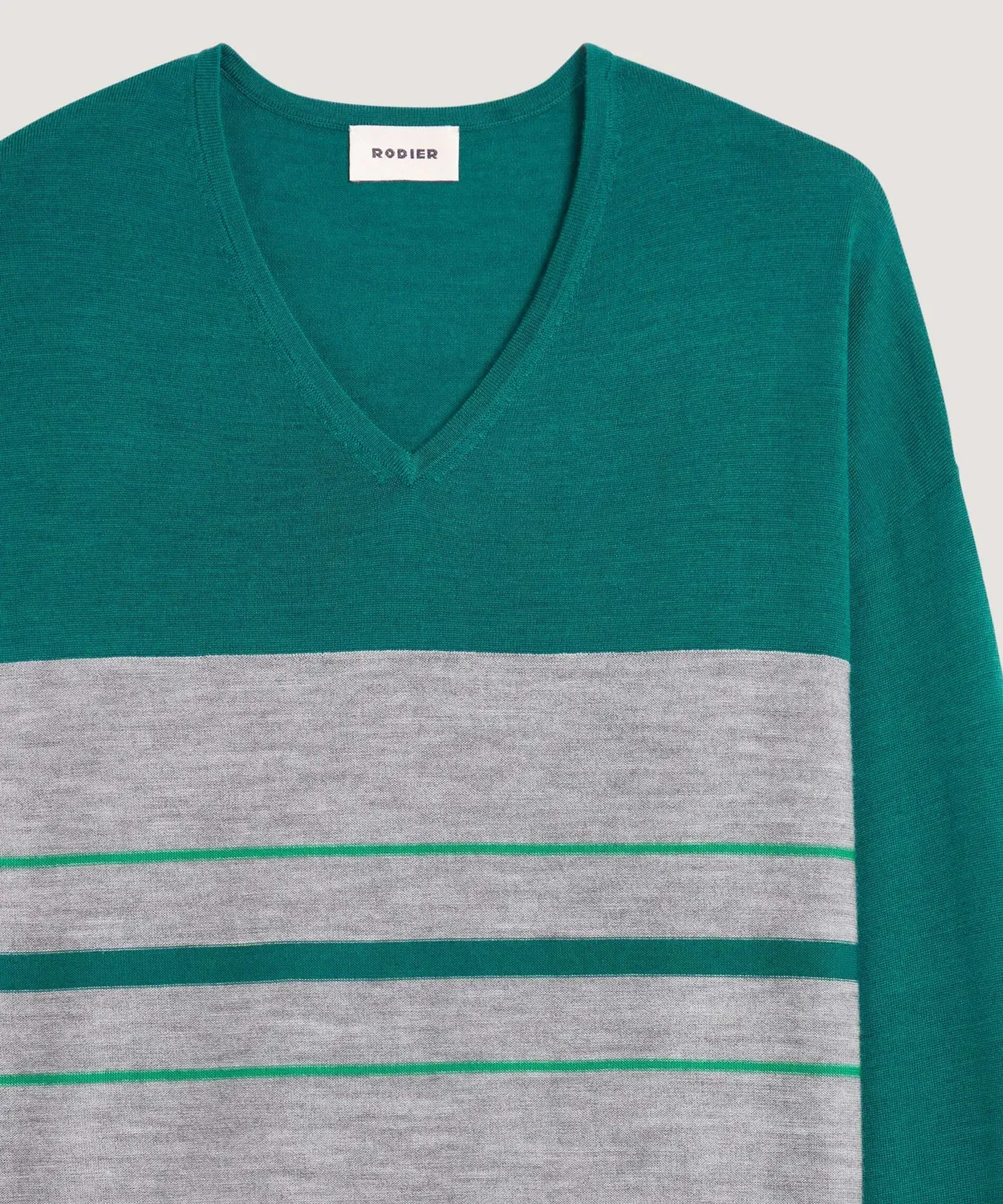 Rodier Maglione Scollo V Righe lana merino verde anatra