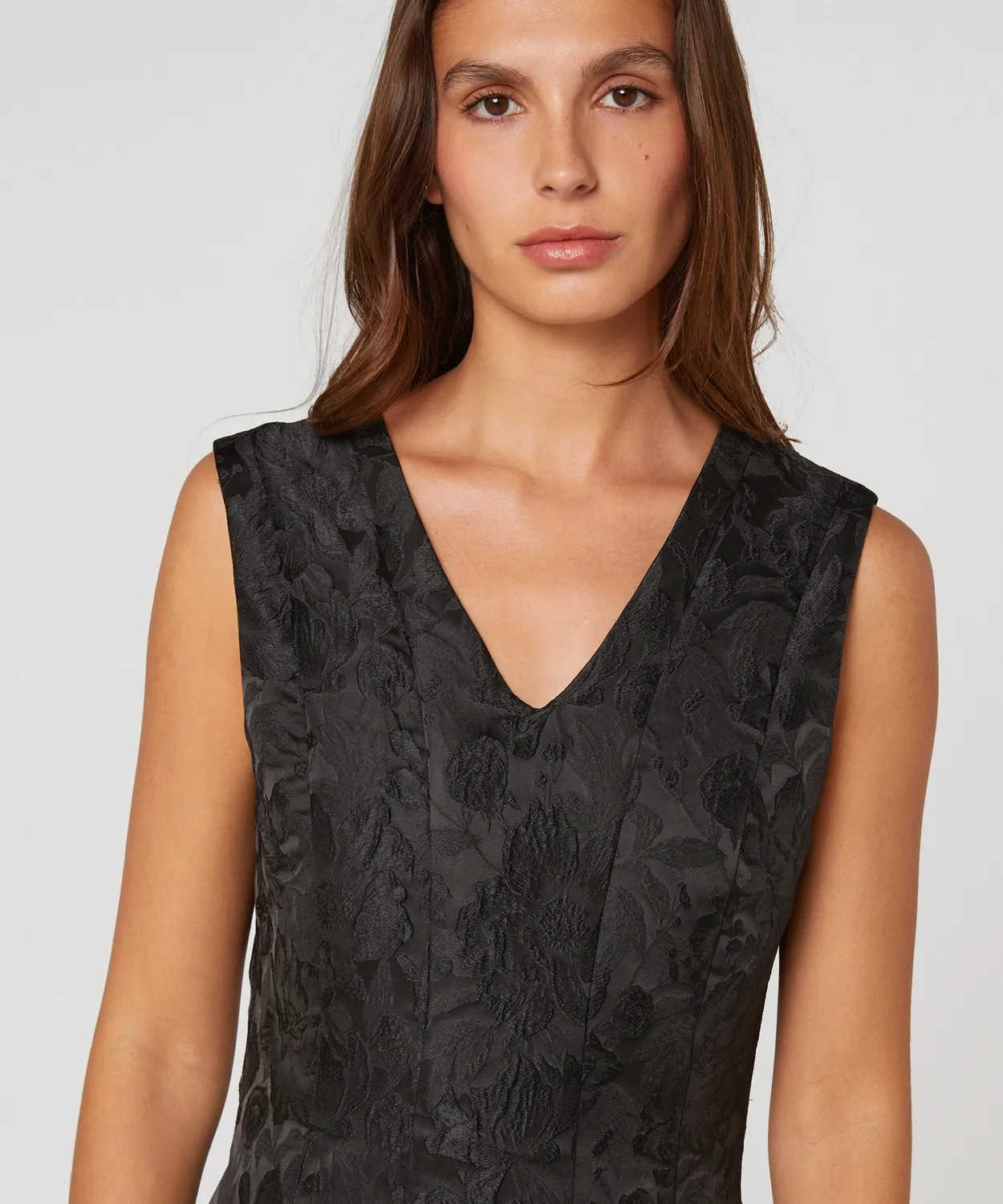 Rodier abito svasato broccato nero floreale
