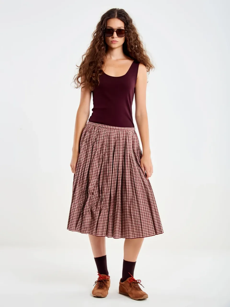 Vicolo gonna midi plissé quadretti bordeaux S
