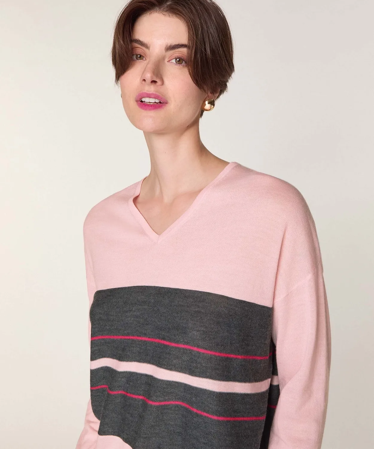 Rodier maglione scollo V righe merino rosa perla