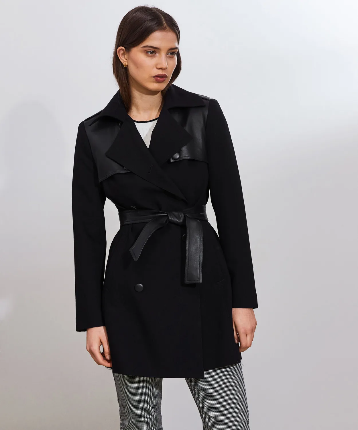 Rodier Trench bimateriale in pelle nero al ginocchio