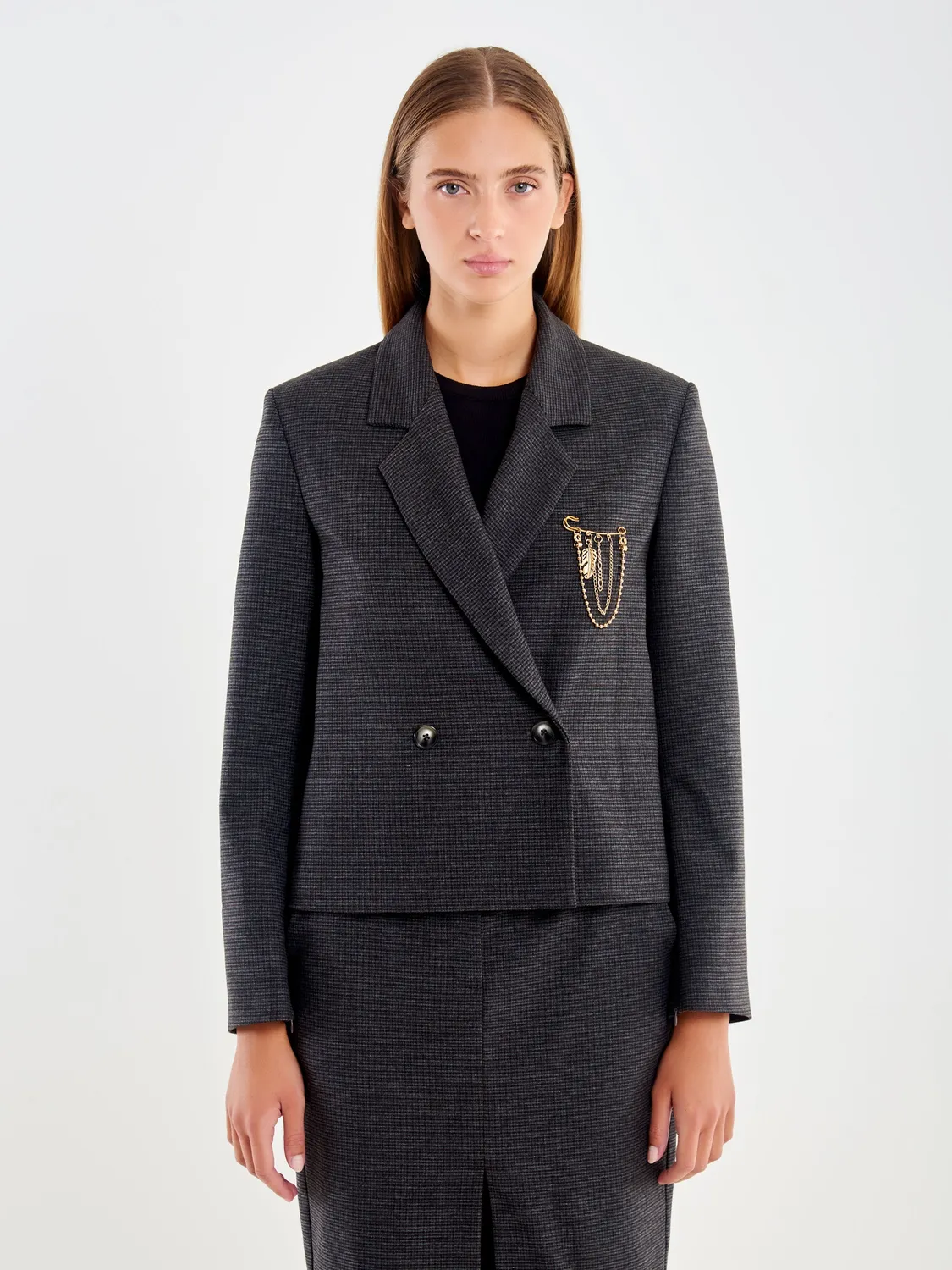 Vicolo Giacca Doppiopetto blazer grigio corto spilla S M L