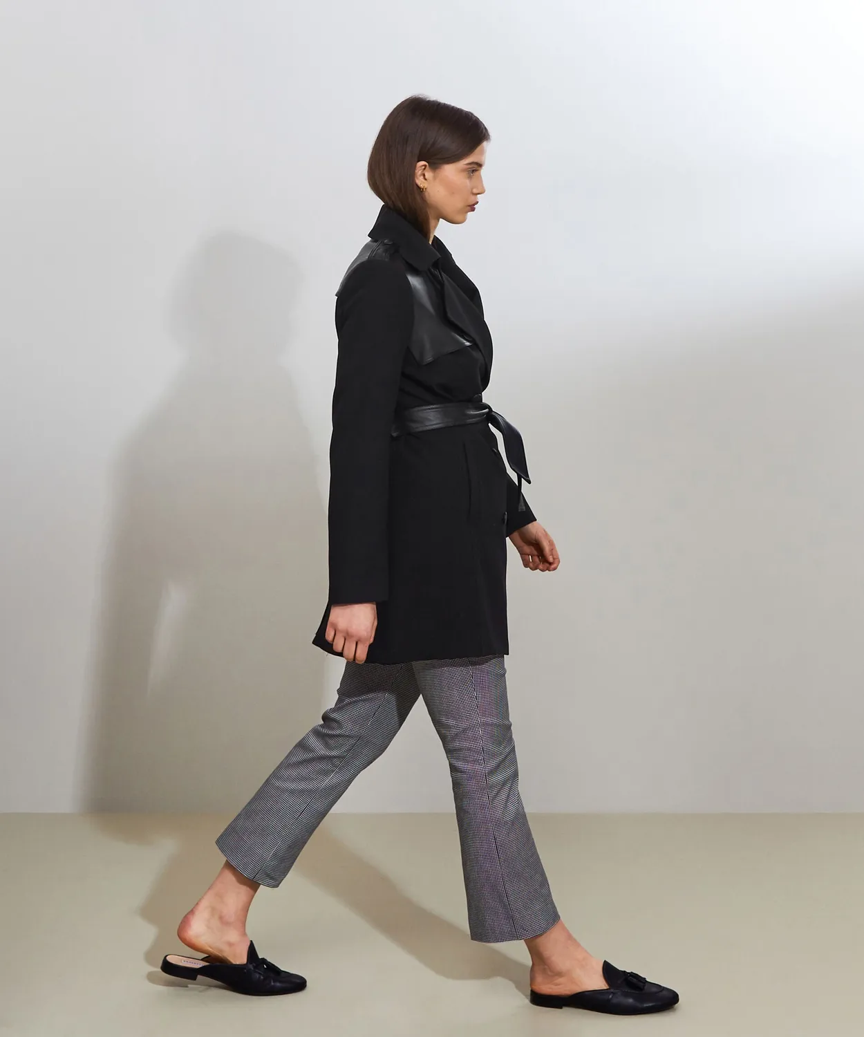Rodier Trench bimateriale in pelle nero al ginocchio