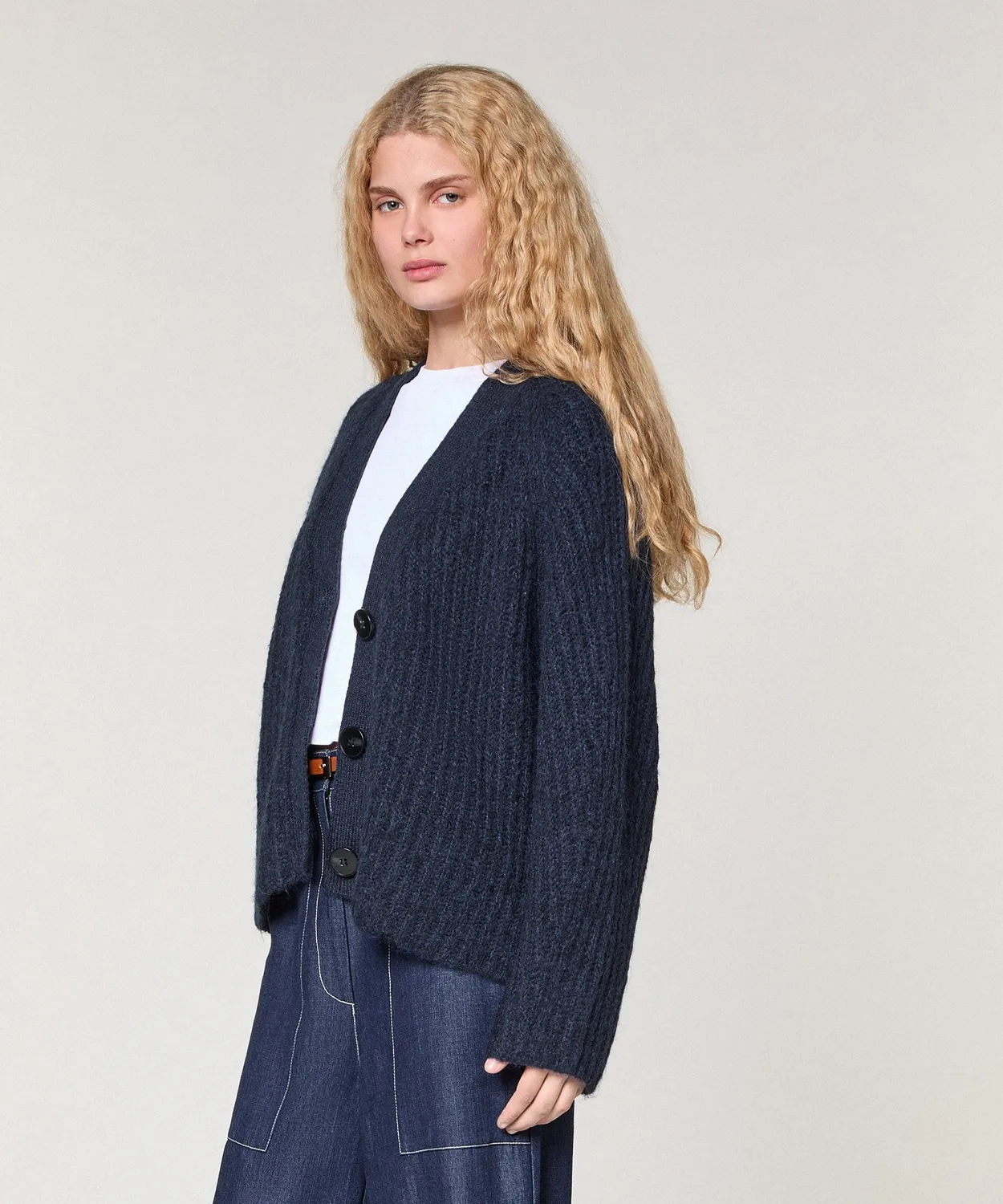 Rodier cardigan oversize maglia grossa blu navy scollo V