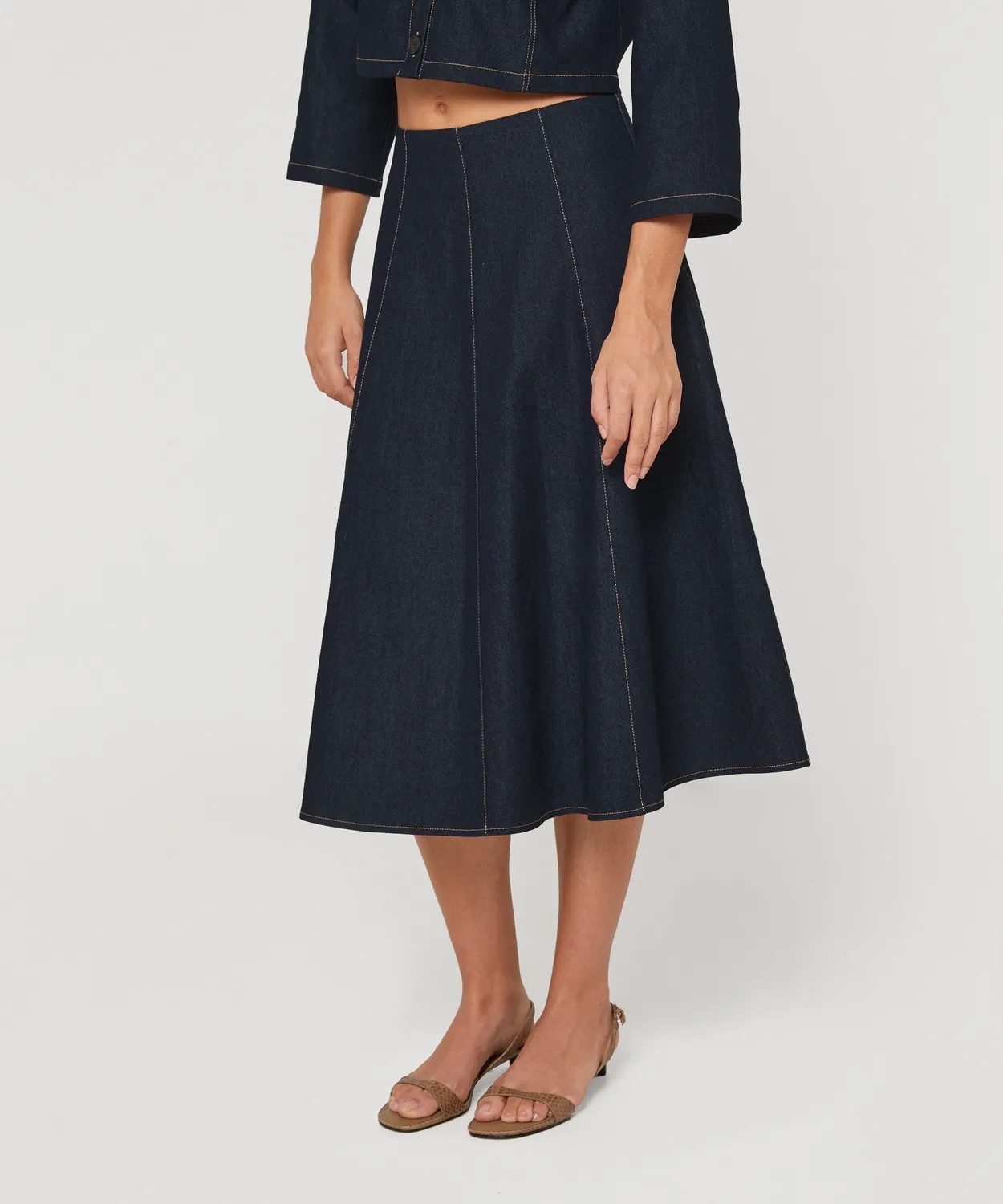 Rodier gonna svasata denim midi blu denim vita alta