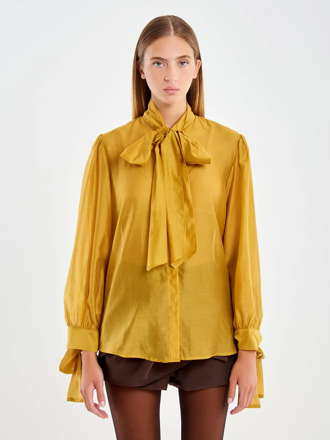Vicolo camicia voile senape collo annodato S M L lyocell